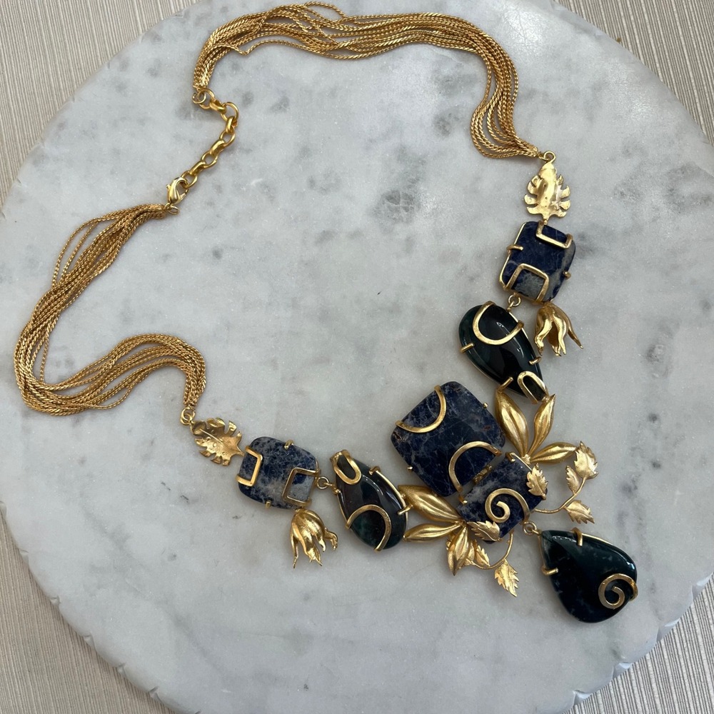 Gemstone Statement Necklace Sodalite Gold Tone Floral Bib Grecian Boho Jewelry